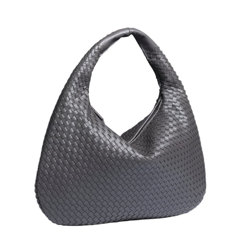 Faux PU Leather Woven Hobo Underarm Shoulder Bag Handbag Dark Grey
