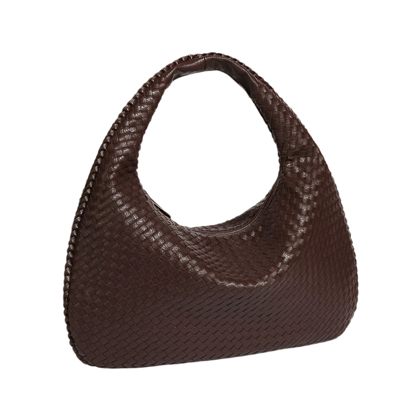 Faux PU Leather Woven Hobo Underarm Shoulder Bag Handbag Dark Coffee