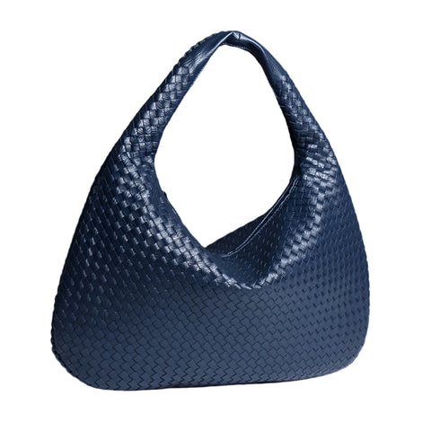 Faux PU Leather Woven Hobo Underarm Shoulder Bag Handbag Dark Blue