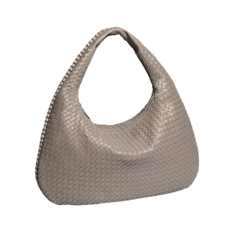 Faux PU Leather Woven Hobo Underarm Shoulder Bag Handbag Beige Grey