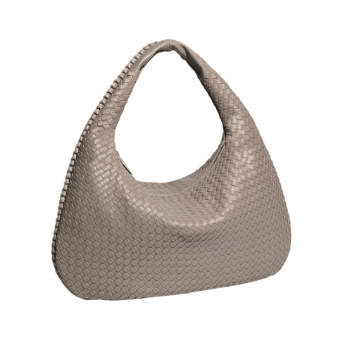 Faux PU Leather Woven Hobo Underarm Shoulder Bag Handbag Beige Grey