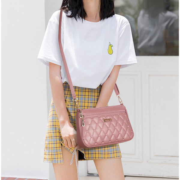 Quilted PU Leather Crossbody Shoulder Bag Handbag Adjustable Strap Pink