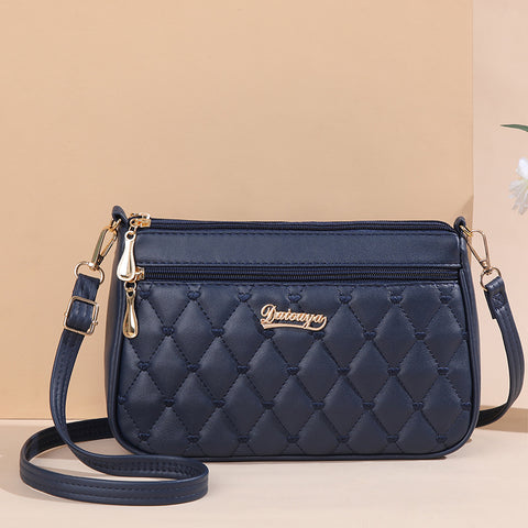 Quilted PU Leather Crossbody Shoulder Bag Handbag Adjustable Strap Dark Blue