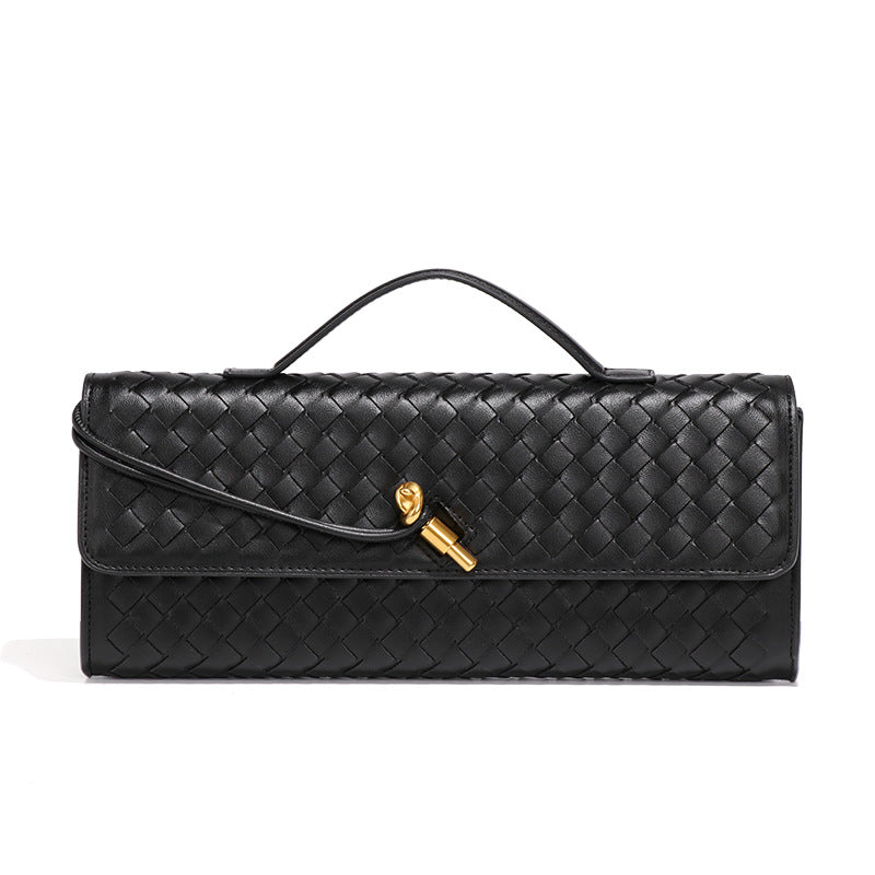 Faux PU Leather Woven Baguette Clutch Shoulder Crossbody Bag Handbag Black