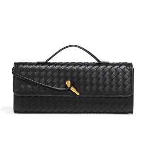 Faux PU Leather Woven Baguette Clutch Shoulder Crossbody Bag Handbag Black