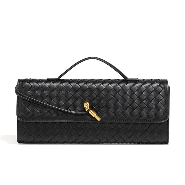 Faux PU Leather Woven Baguette Clutch Shoulder Crossbody Bag Handbag Black