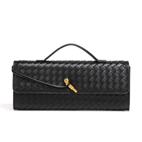 Faux PU Leather Woven Baguette Clutch Shoulder Crossbody Bag Handbag Black