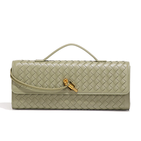 Faux PU Leather Woven Baguette Clutch Shoulder Crossbody Bag Handbag Light Green