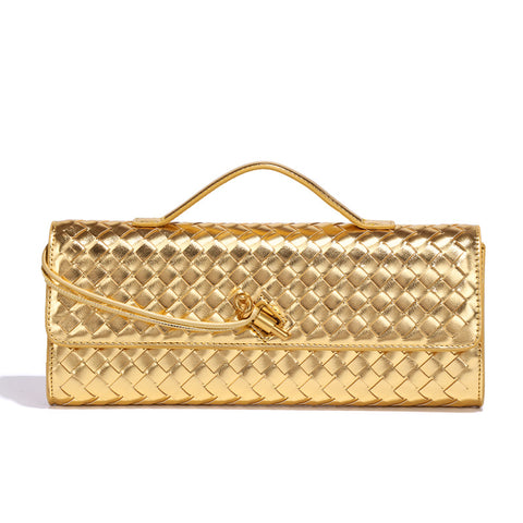 Faux PU Leather Woven Baguette Clutch Shoulder Crossbody Bag Handbag Gold