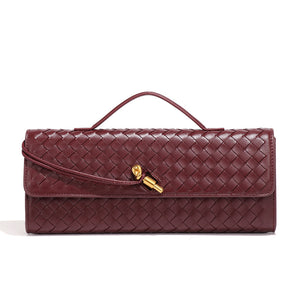 Faux PU Leather Woven Baguette Clutch Shoulder Crossbody Bag Handbag Wine Red