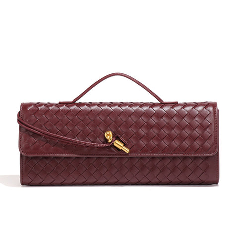 Faux PU Leather Woven Baguette Clutch Shoulder Crossbody Bag Handbag Wine Red