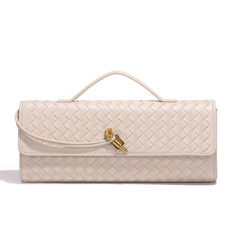Faux PU Leather Woven Baguette Clutch Shoulder Crossbody Bag Handbag Beige