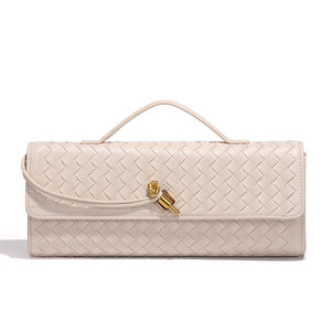 Faux PU Leather Woven Baguette Clutch Shoulder Crossbody Bag Handbag Beige