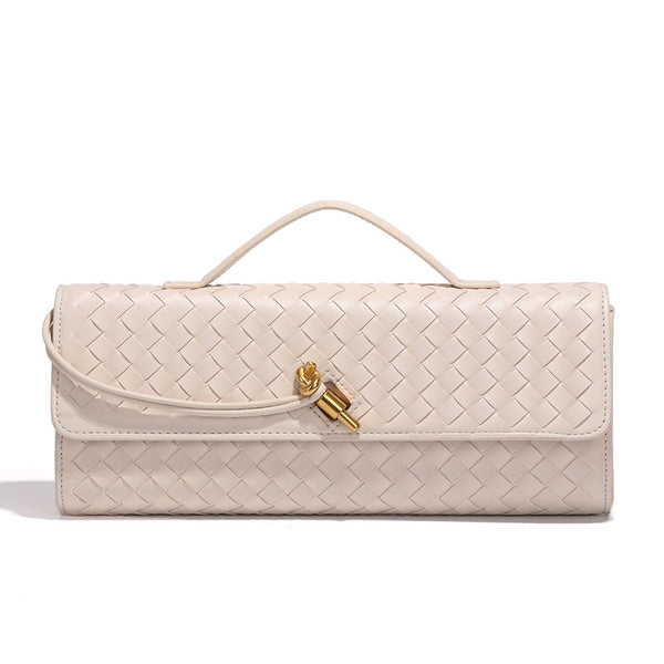 Faux PU Leather Woven Baguette Clutch Shoulder Crossbody Bag Handbag Beige