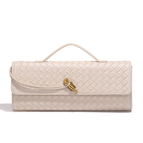 Faux PU Leather Woven Baguette Clutch Shoulder Crossbody Bag Handbag Beige