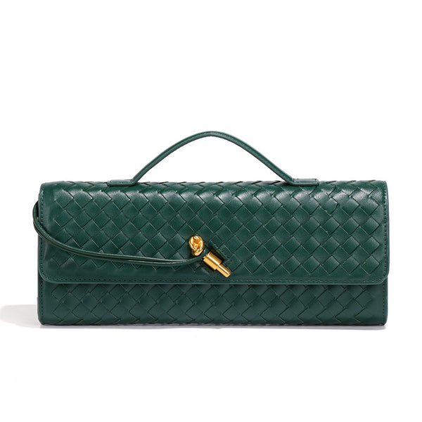 Faux PU Leather Woven Baguette Clutch Shoulder Crossbody Bag Handbag Deep Green