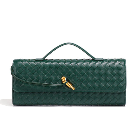 Faux PU Leather Woven Baguette Clutch Shoulder Crossbody Bag Handbag Deep Green