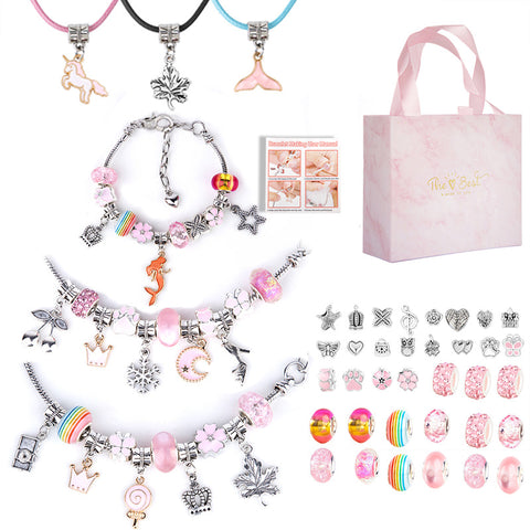 DIY Charm Bracelet Making Kit Beads Flowers Stars Storage Bag Pink