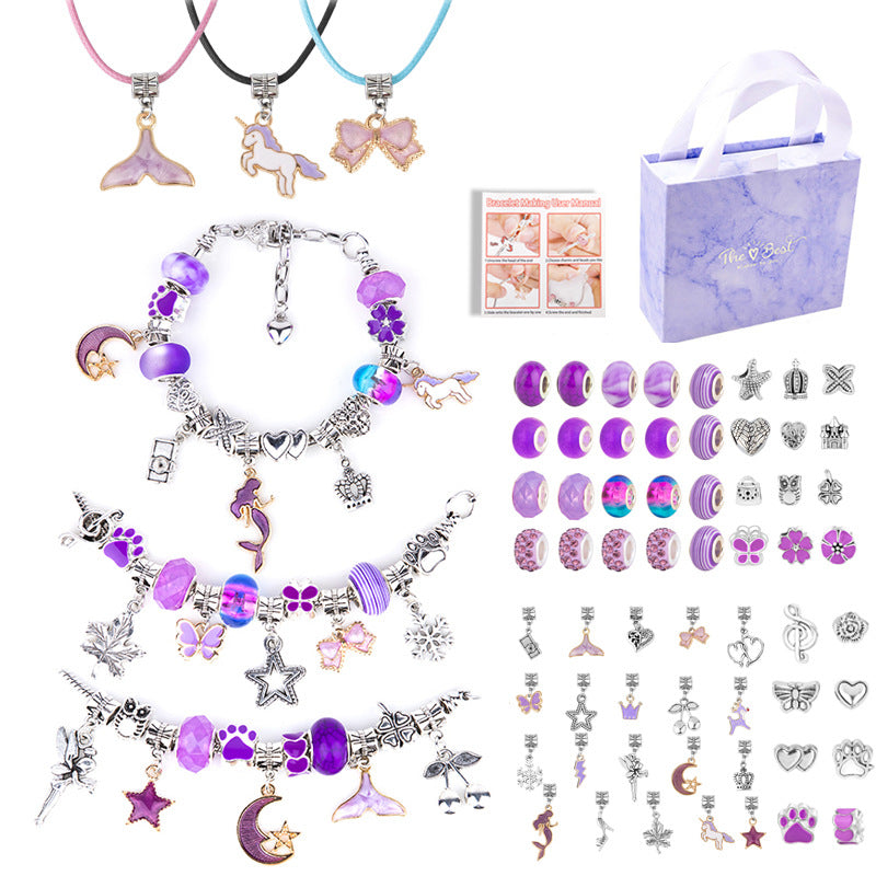 DIY Charm Bracelet Making Kit Beads Flowers Stars Storage Bag Purple
