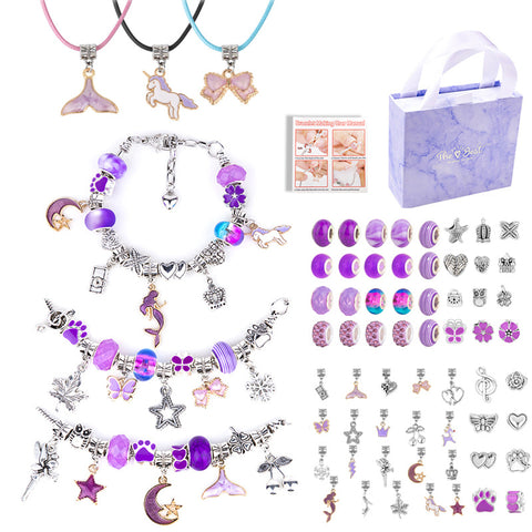 DIY Charm Bracelet Making Kit Beads Flowers Stars Storage Bag Purple