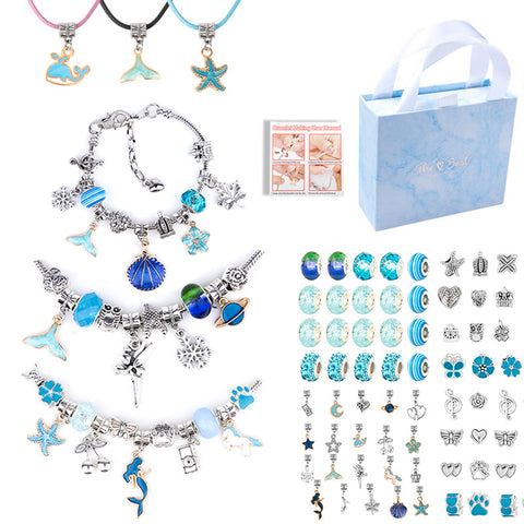 DIY Charm Bracelet Making Kit Beads Flowers Stars Storage Bag Blue