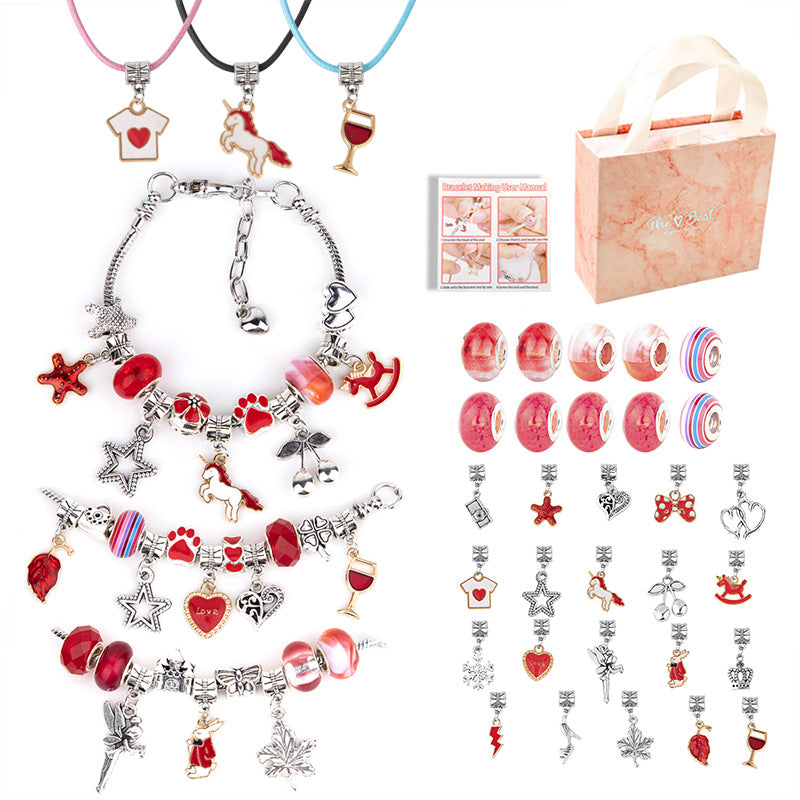 DIY Charm Bracelet Making Kit Beads Flowers Stars Storage Bag Red