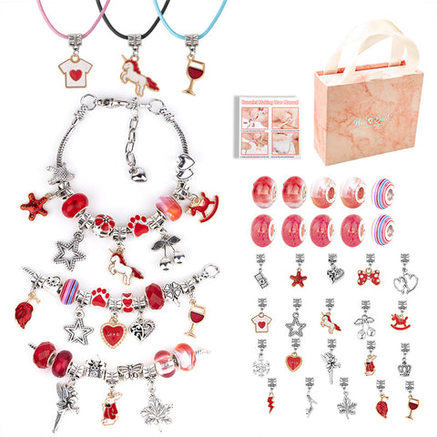 DIY Charm Bracelet Making Kit Beads Flowers Stars Storage Bag Red