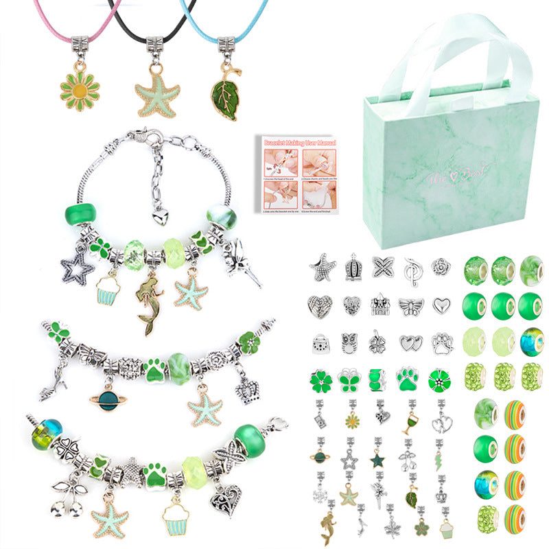 66 Pce DIY Charm Bracelet Making Kit Beads Flowers Stars Storage Bag Green