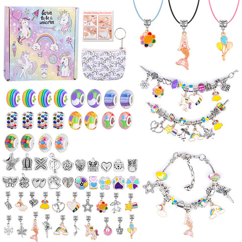 66 Pce DIY Charm Bracelet Making Kit Beads Flowers Stars Storage Bag Unicorn