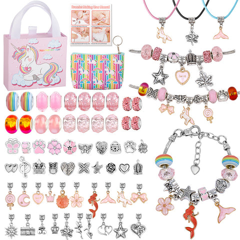 66 Pce DIY Charm Bracelet Making Kit Beads Flowers Stars Storage Bag Rainbow