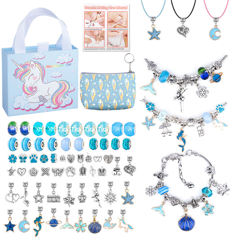 66 Pce DIY Charm Bracelet Making Kit Beads Flowers Stars Storage Bag Blue
