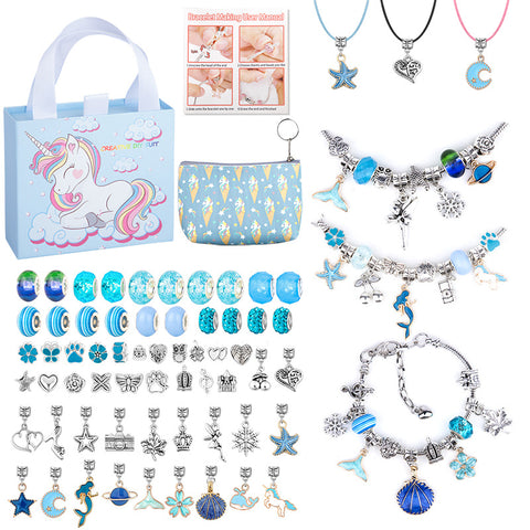 66 Pce DIY Charm Bracelet Making Kit Beads Flowers Stars Storage Bag Blue