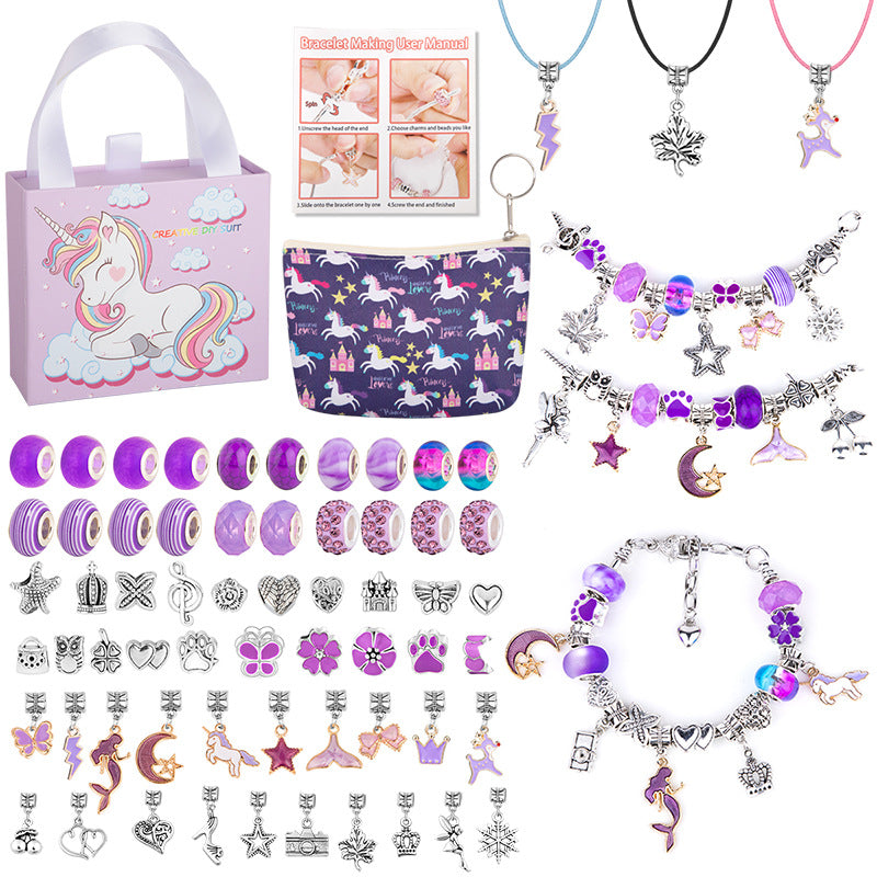 66 Pce DIY Charm Bracelet Making Kit Beads Flowers Stars Storage Bag Purple