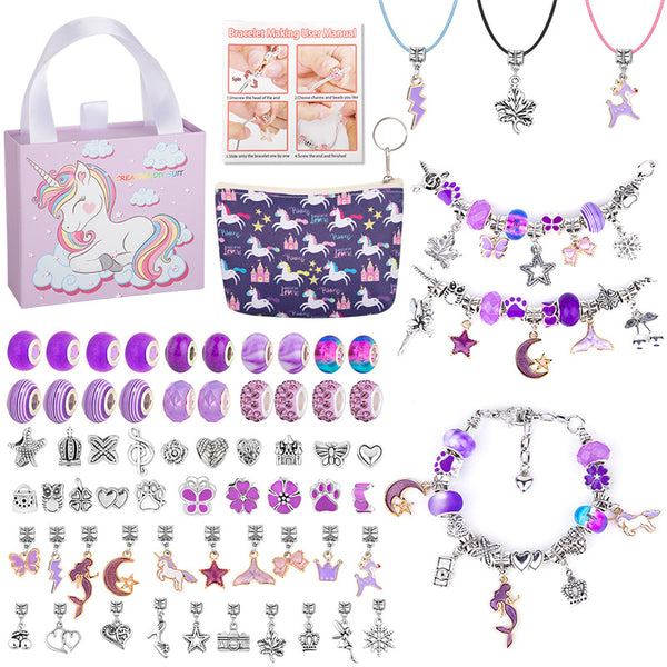 66 Pce DIY Charm Bracelet Making Kit Beads Flowers Stars Storage Bag Purple
