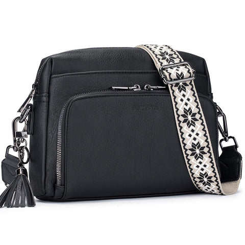 Faux PU Leather Crossbody Shoulder Bag RFID Card Slots Adjustable Strap Black