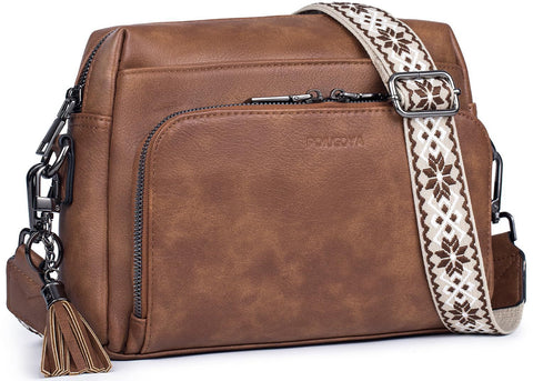 Faux PU Leather Crossbody Shoulder Bag RFID Card Slots Adjustable Strap Brown