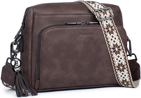 Faux PU Leather Crossbody Shoulder Bag RFID Card Slots Adjustable Strap Dark Brown