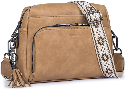 Faux PU Leather Crossbody Shoulder Bag RFID Card Slots Adjustable Strap Light Tan
