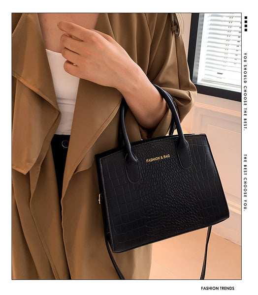 Faux PU Leather Crocodile Pattern Tote Shoulder Crossbody Bag Handbag Black