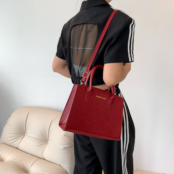 Faux PU Leather Crocodile Pattern Tote Shoulder Crossbody Bag Handbag Red