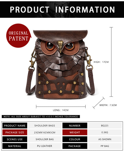 Owl PU Leather Crossbody Shoulder Bag Handbag Adjustable Strap Brown