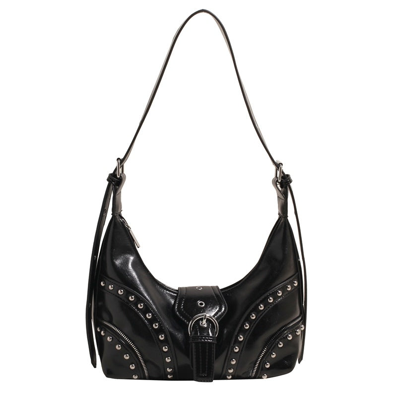 Faux PU Leather Studded Crossbody Shoulder Bag Adjustable Strap Black