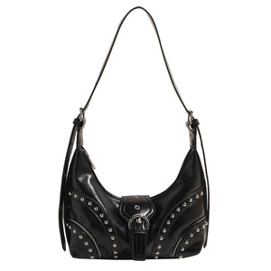 Faux PU Leather Studded Crossbody Shoulder Bag Adjustable Strap Black