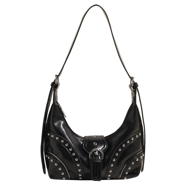 Faux PU Leather Studded Crossbody Shoulder Bag Adjustable Strap Black