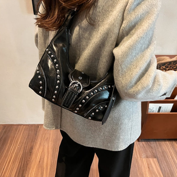 Faux PU Leather Studded Crossbody Shoulder Bag Adjustable Strap Black