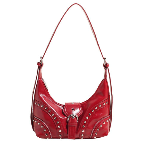 Faux PU Leather Studded Crossbody Shoulder Bag Adjustable Strap Red