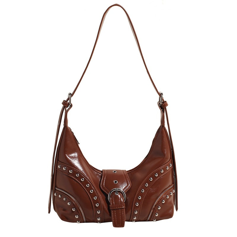 Faux PU Leather Studded Crossbody Shoulder Bag Adjustable Strap Brown
