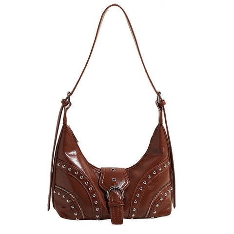 Faux PU Leather Studded Crossbody Shoulder Bag Adjustable Strap Brown
