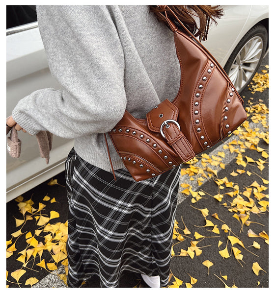 Faux PU Leather Studded Crossbody Shoulder Bag Adjustable Strap Brown