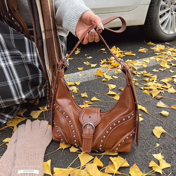 Faux PU Leather Studded Crossbody Shoulder Bag Adjustable Strap Brown